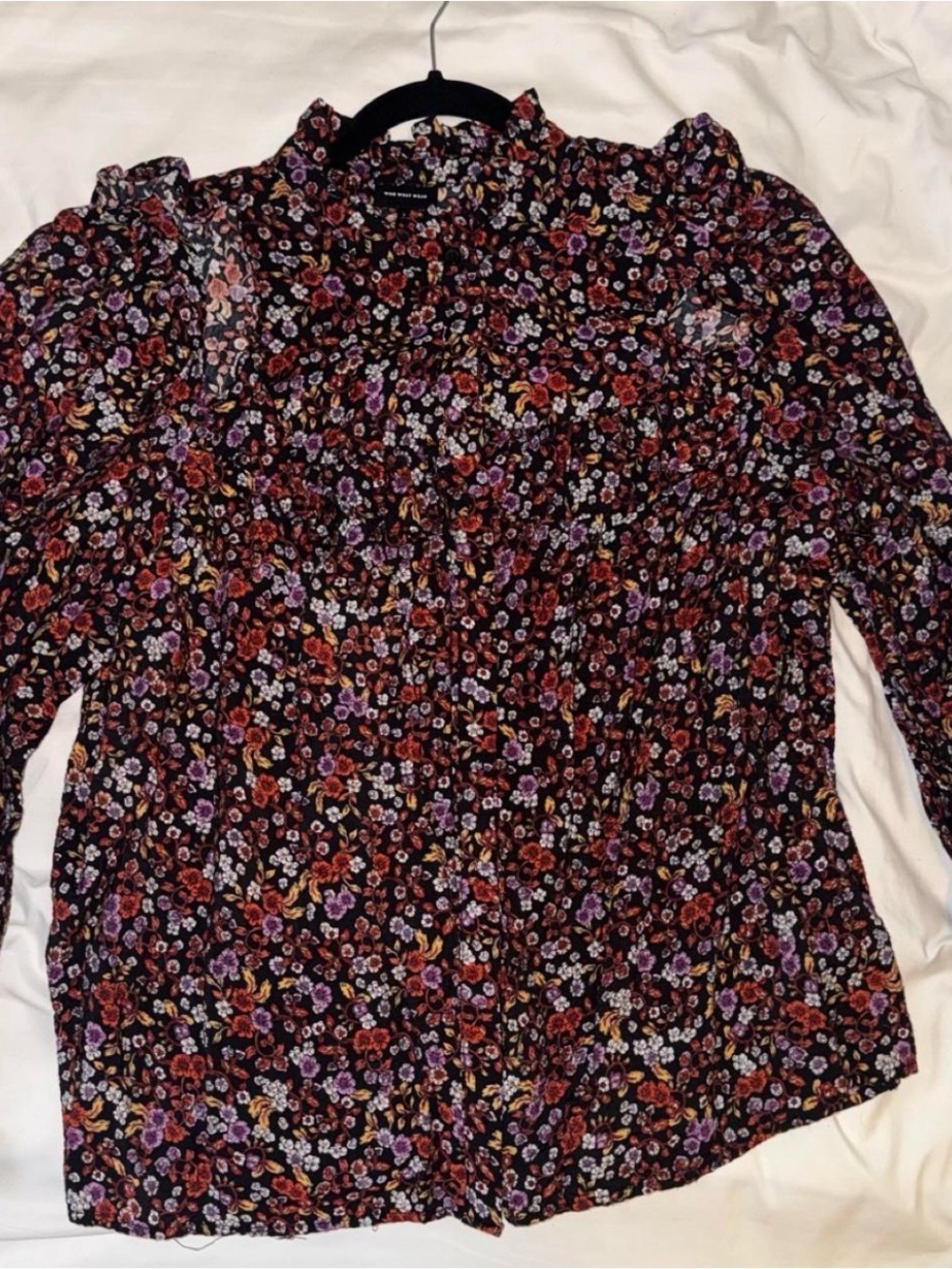 Who What Wear Black Floral Ruffle-Neck Blouse